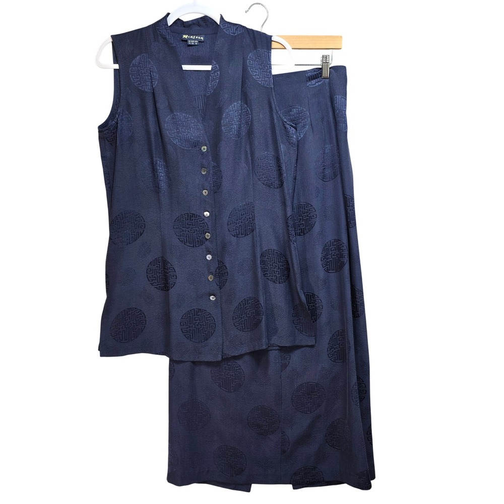 Monsoon Navy Blue All Silk 2 Piece Skirt Suit Jacquard Medallion Set Size 10